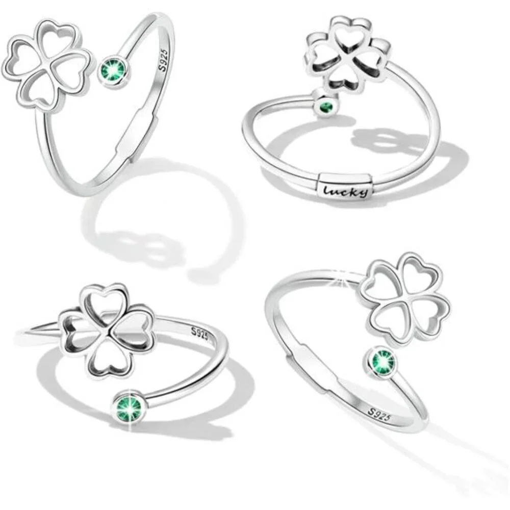 Adjustable Clover Leaf Ring 925 Sterling Silver Jewelry Comes with Good Luck